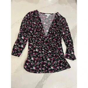 Women’s Liz Claiborne Faux Wrap Top Black and Purple Print Size Medium
